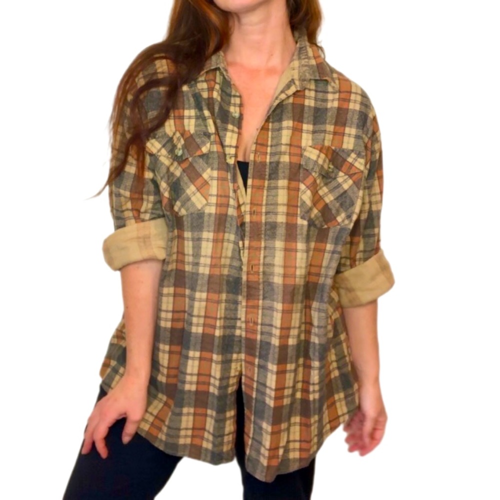 SCARECROW FLANNEL Norman Rockwell Neutral Brown Plaid Buttondown Shirt Mens XL